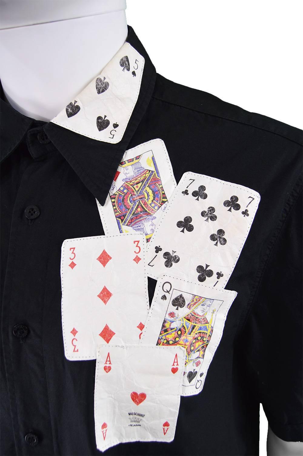 Moschino Men's Black Cotton Playing Card Short Sleeve Shirt, 1990s In Excellent Condition In Doncaster, South Yorkshire