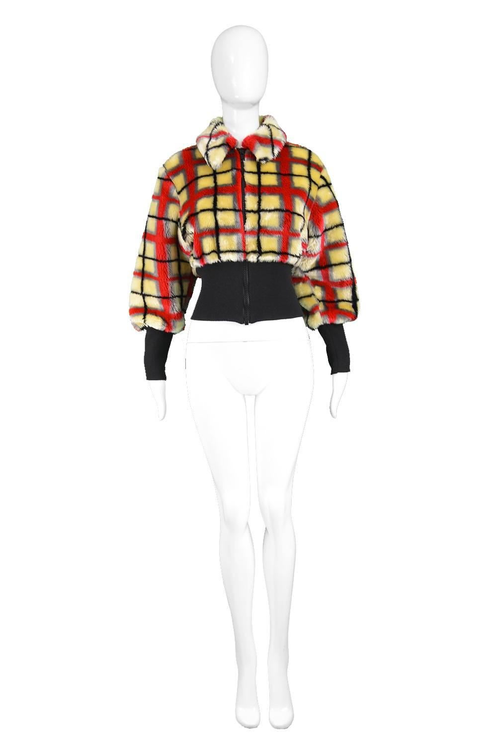 Jean Paul Gaultier Vintage Light Yellow & Red Checked Fake Fur Jacket, 1990s

Estimated Size: Women's Small
Bust - Up to 36” / 91cm (please leave a couple of inches room for movement)
Waist - Stretches from 28-30” / 71-76cm
Length (Shoulder to Hem)