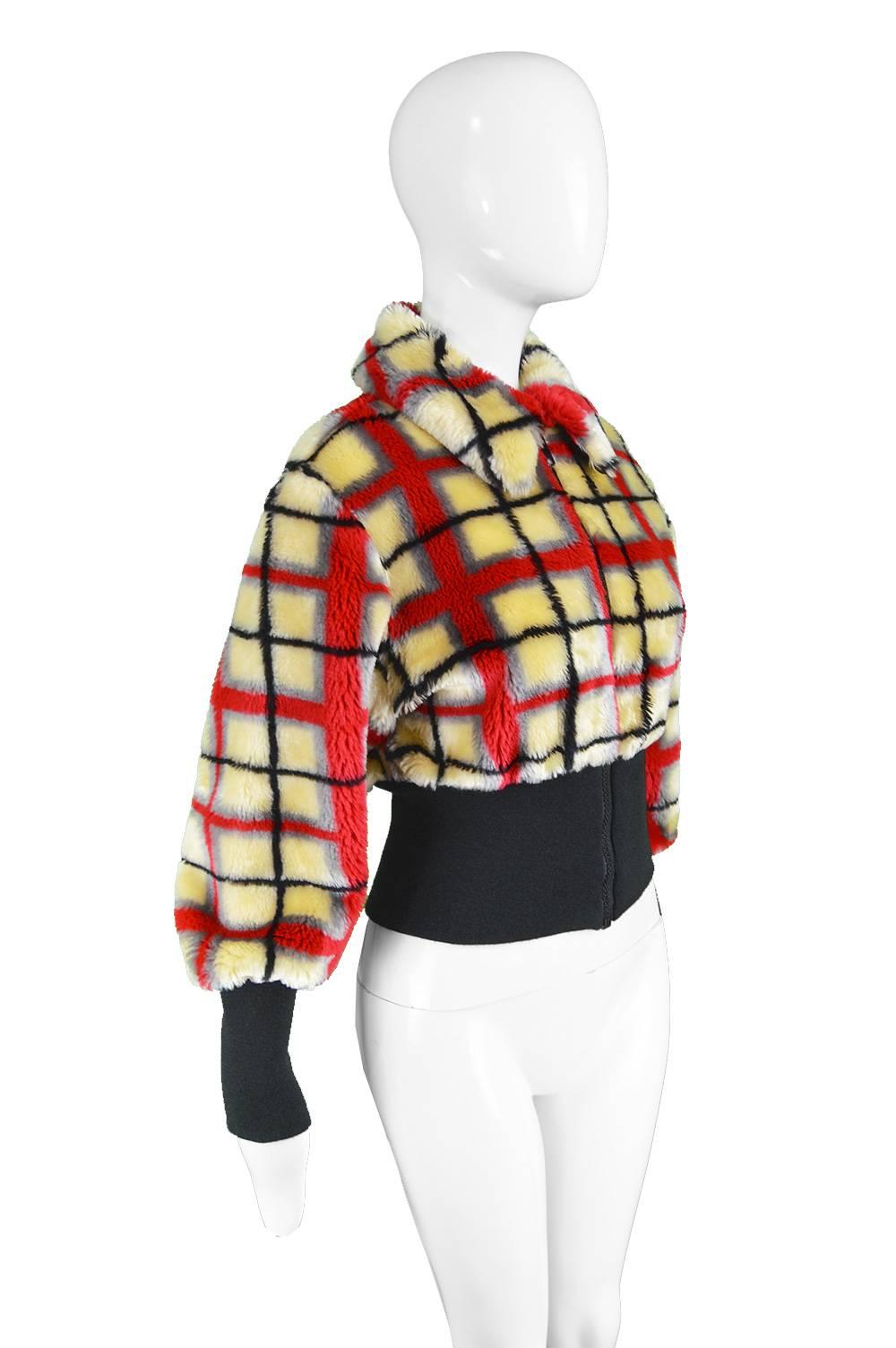 Jean Paul Gaultier Vintage Light Yellow & Red Checked Faux Fur Jacket, 1990s In Excellent Condition In Doncaster, South Yorkshire