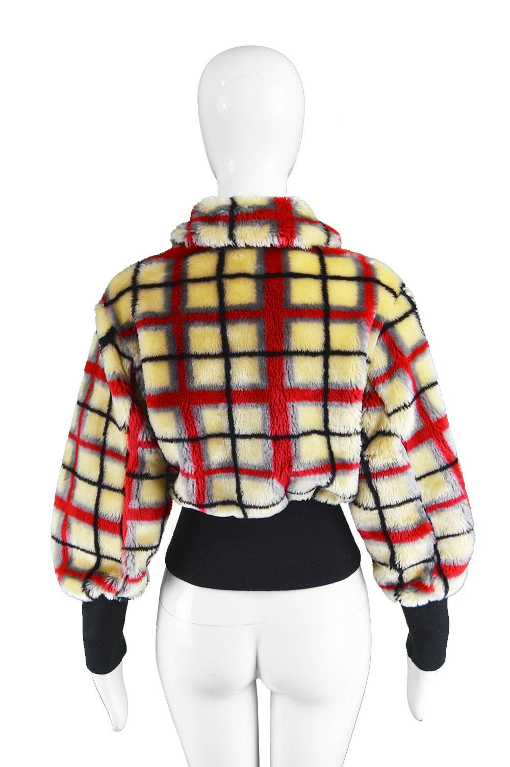 Women's Jean Paul Gaultier Vintage Light Yellow & Red Checked Faux Fur Jacket, 1990s