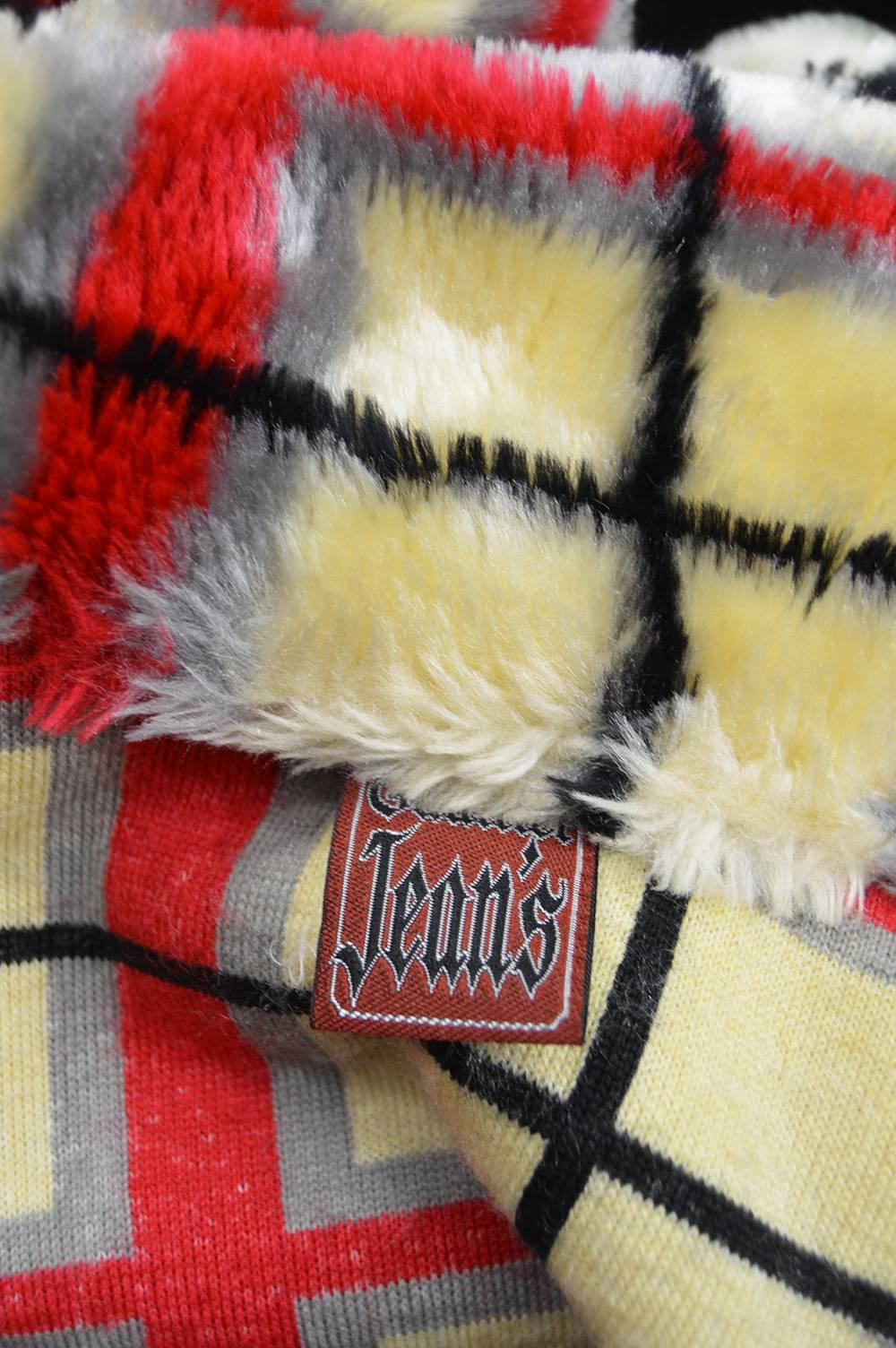 Jean Paul Gaultier Vintage Light Yellow & Red Checked Faux Fur Jacket, 1990s 1