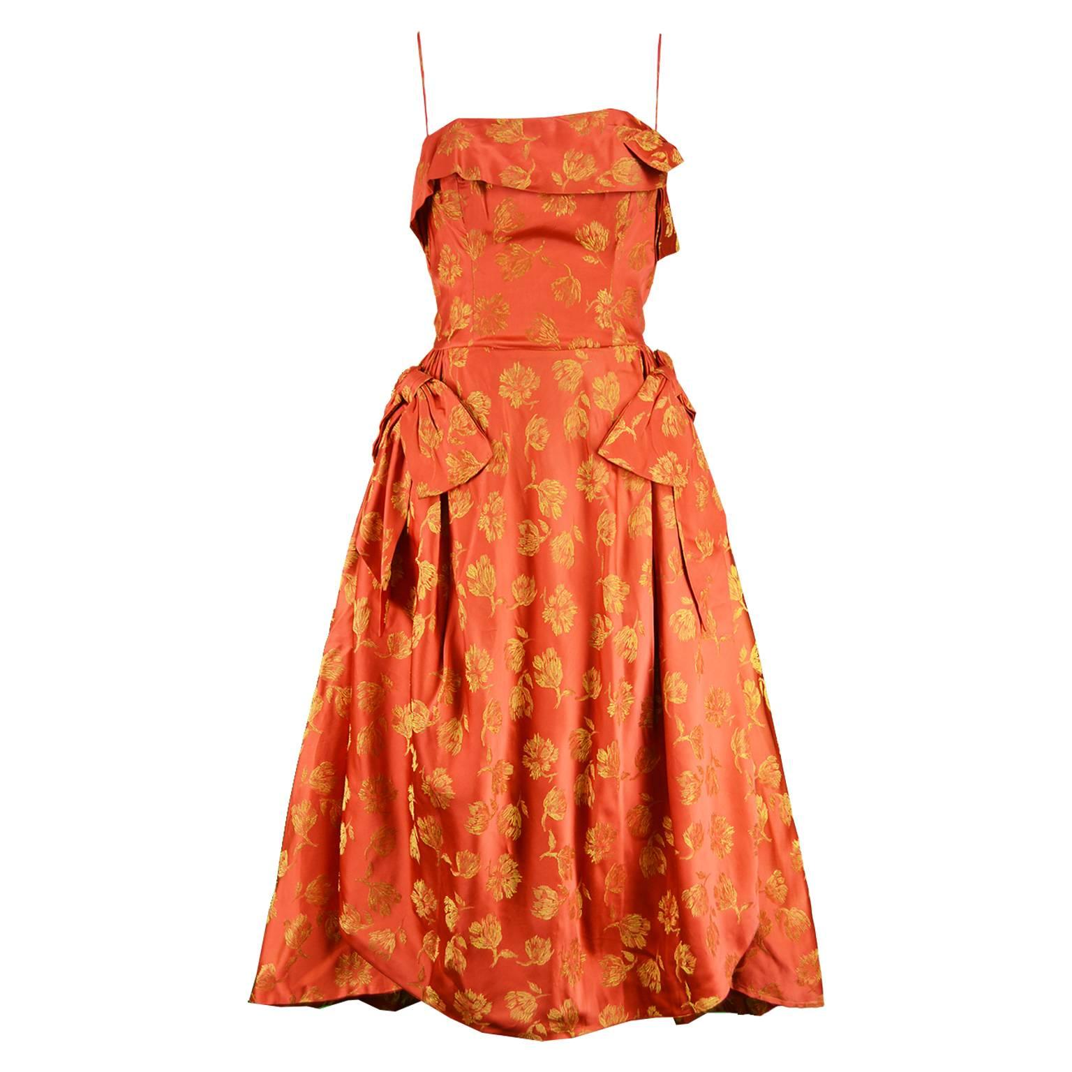John Selby 1950s Vintage Red & Gold Brocade Jacquard Panelled Dress