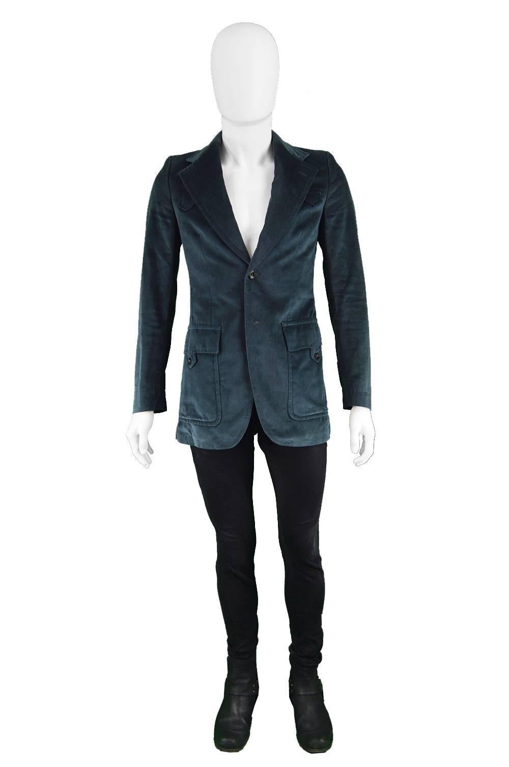 Ted Lapidus Men's Vintage Dark Teal Velvet Wide Lapels Blazer Jacket, 1970s

Estimated Size: Men's XS / women's Medium. Please check measurements
Chest - 36” / 91cm
Waist - 32” / 81cm
Length (Shoulder to Hem) - 30” / 76cm
Shoulder to Shoulder - 15”