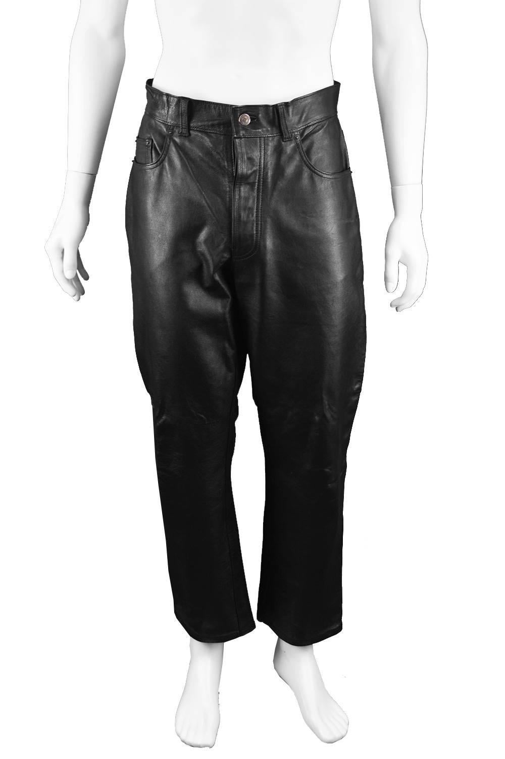 Paul Smith Men's Vintage Black Real Leather Straight Leg Pants, 1990s In Excellent Condition For Sale In Doncaster, South Yorkshire