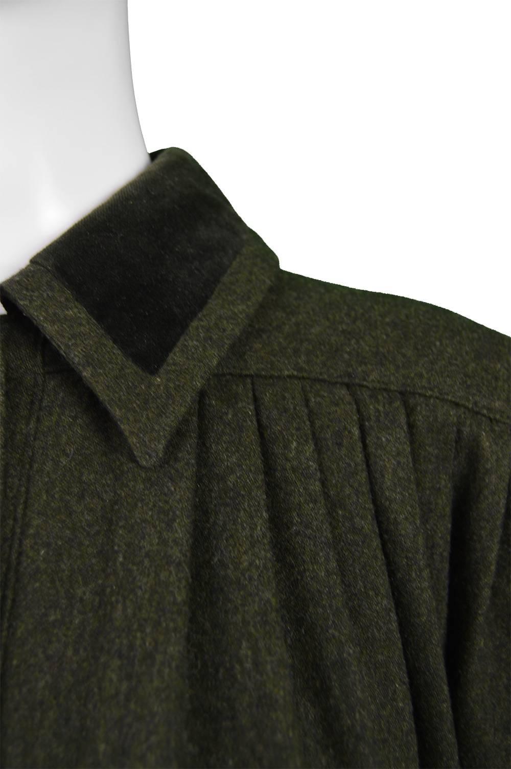 Black Valentino Dark Green Vintage Wool and Velvet Pleated Maxi Cape, 1980s
