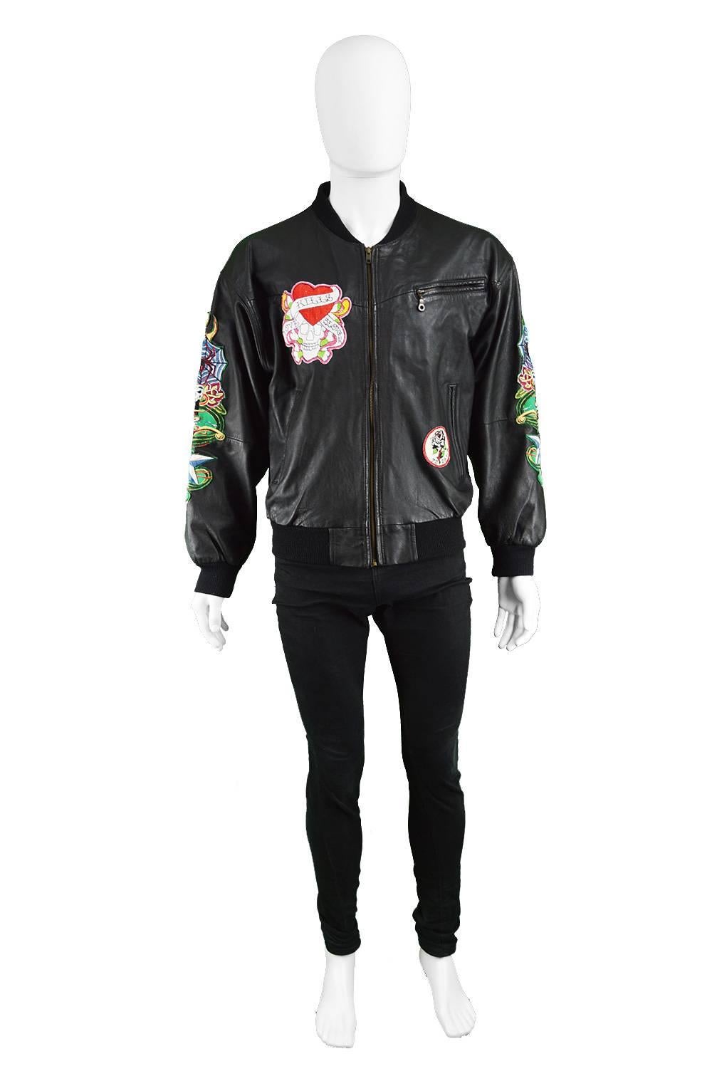 Avirex Men's Vintage Embroidered Black Leather A-2 Bomber Jacket, 1990s

Estimated Size: men's Medium to Large. Please check measurements.
Chest - up to 46” / 117cm (meant to have an intentional loose fit around chest like most bombers)
Waist - Up