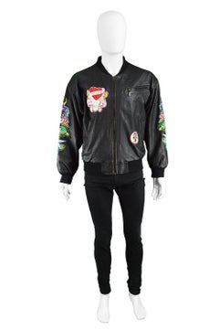 Avirex Men's Vintage Embroidered Black Leather A-2 Bomber Jacket, 1990s