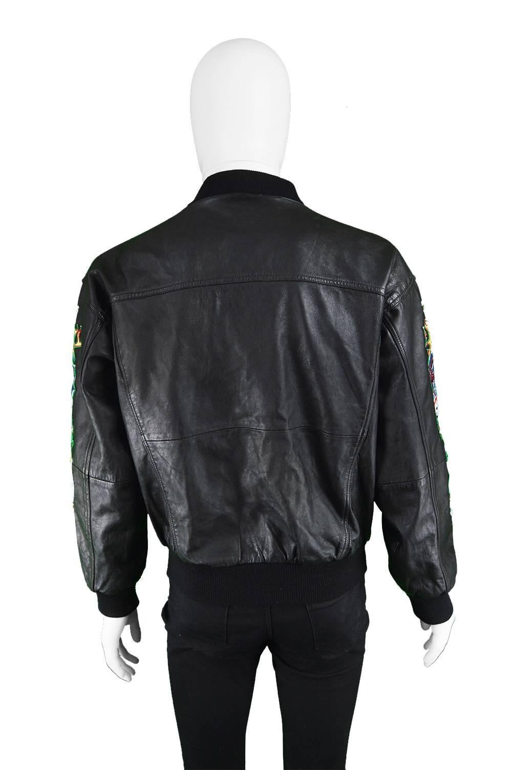 Avirex Men's Vintage Embroidered Black Leather A-2 Bomber Jacket, 1990s In Excellent Condition In Doncaster, South Yorkshire