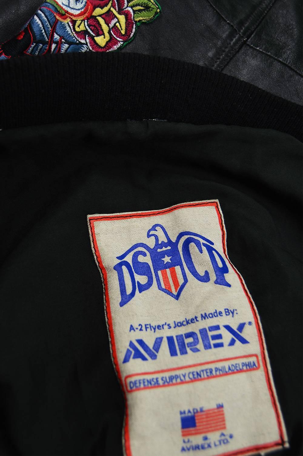 Avirex Men's Vintage Embroidered Black Leather A-2 Bomber Jacket, 1990s 1