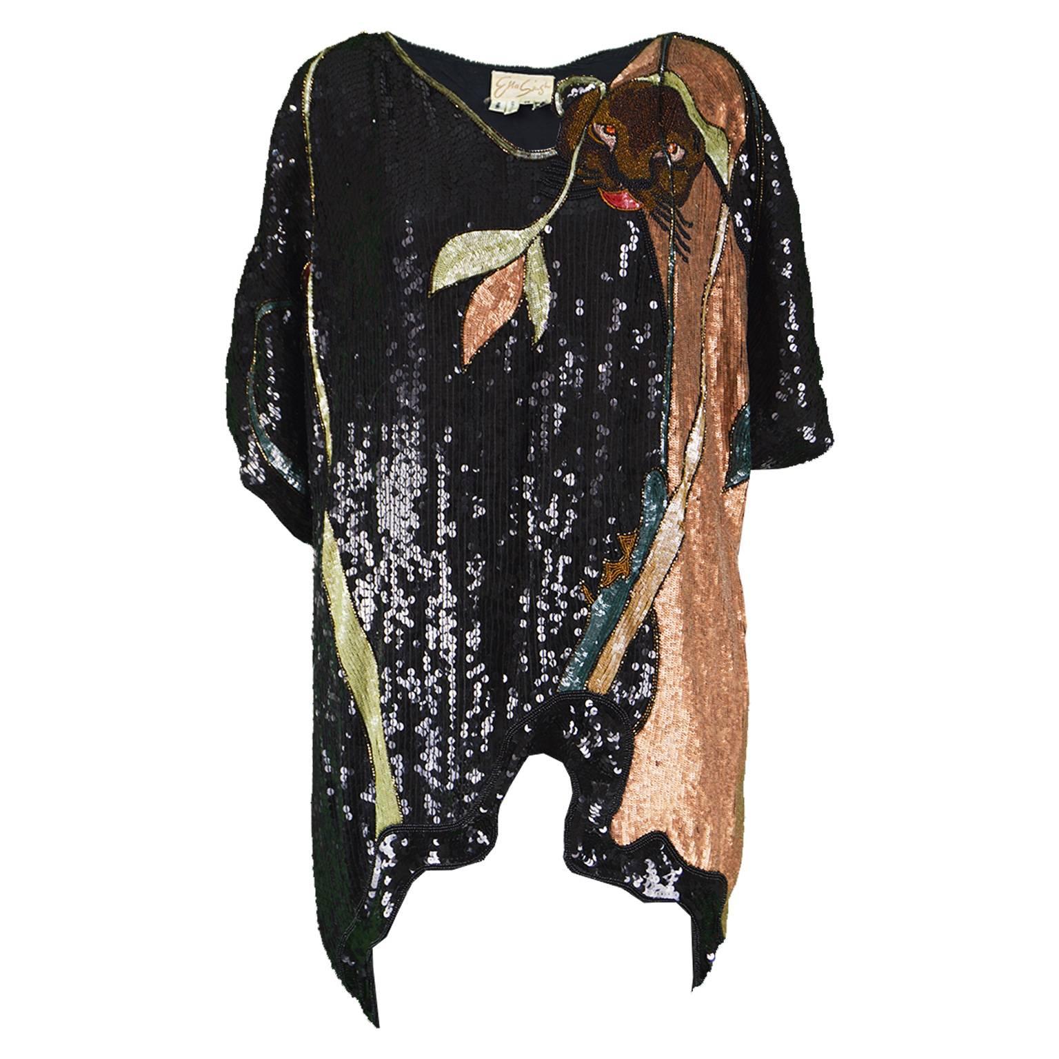 Ella Singh Rare Beaded & Sequin Black Silk Animal Vintage Tunic Top, 1980s