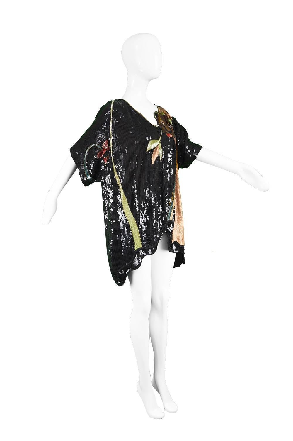 Ella Singh Rare Beaded & Sequin Black Silk Animal Vintage Tunic Top, 1980s 2