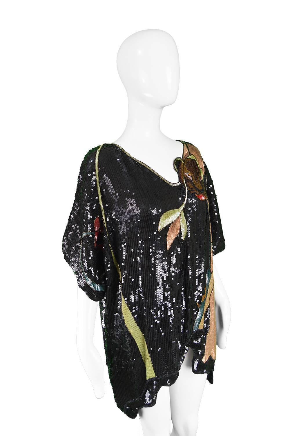 Women's Ella Singh Rare Beaded & Sequin Black Silk Animal Vintage Tunic Top, 1980s
