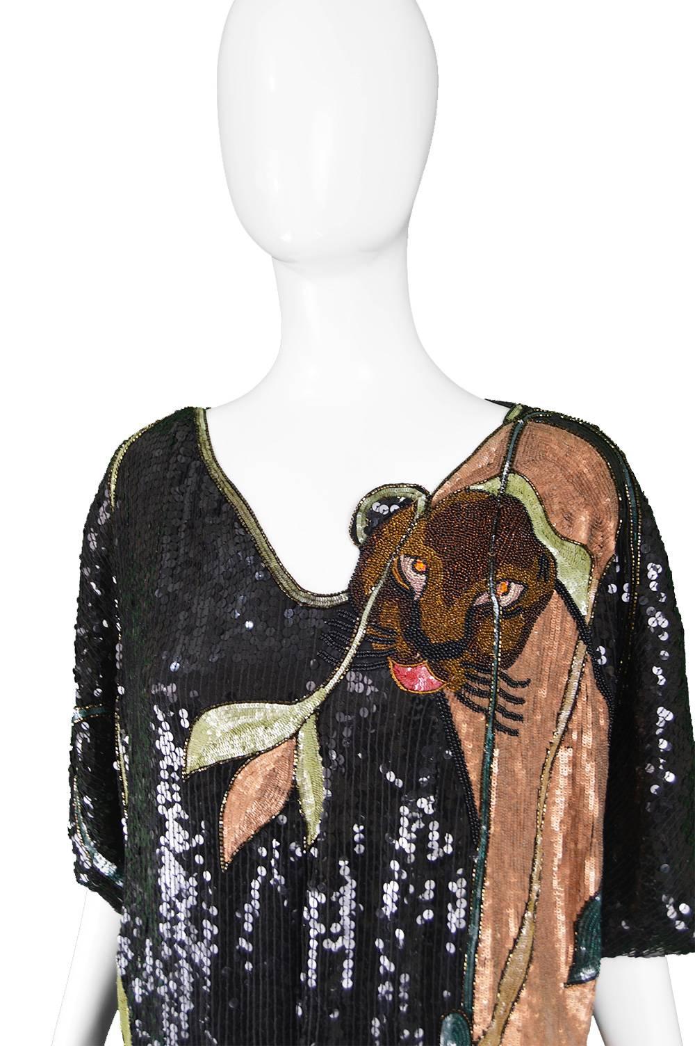 Ella Singh Rare Beaded & Sequin Black Silk Animal Vintage Tunic Top, 1980s In Excellent Condition In Doncaster, South Yorkshire