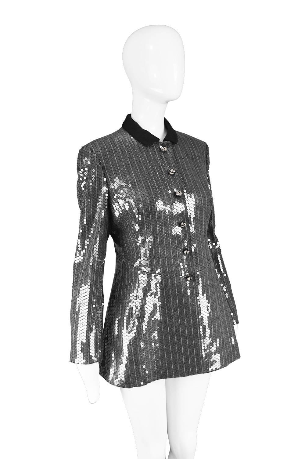 Women's Moschino Couture Clear Silver Sequin Striped Tailored Military Jacket