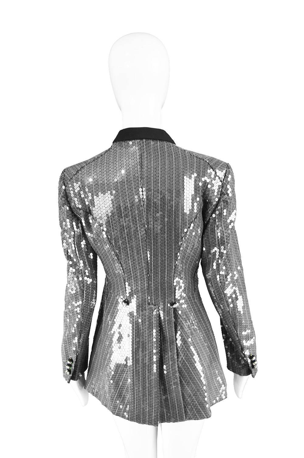 Moschino Couture Clear Silver Sequin Striped Tailored Military Jacket 2