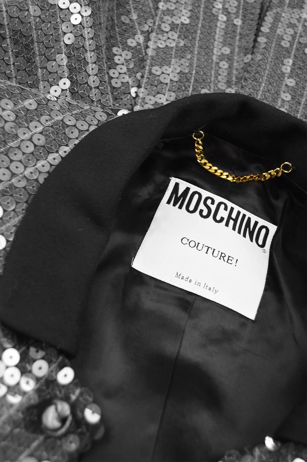 Moschino Couture Clear Silver Sequin Striped Tailored Military Jacket 3