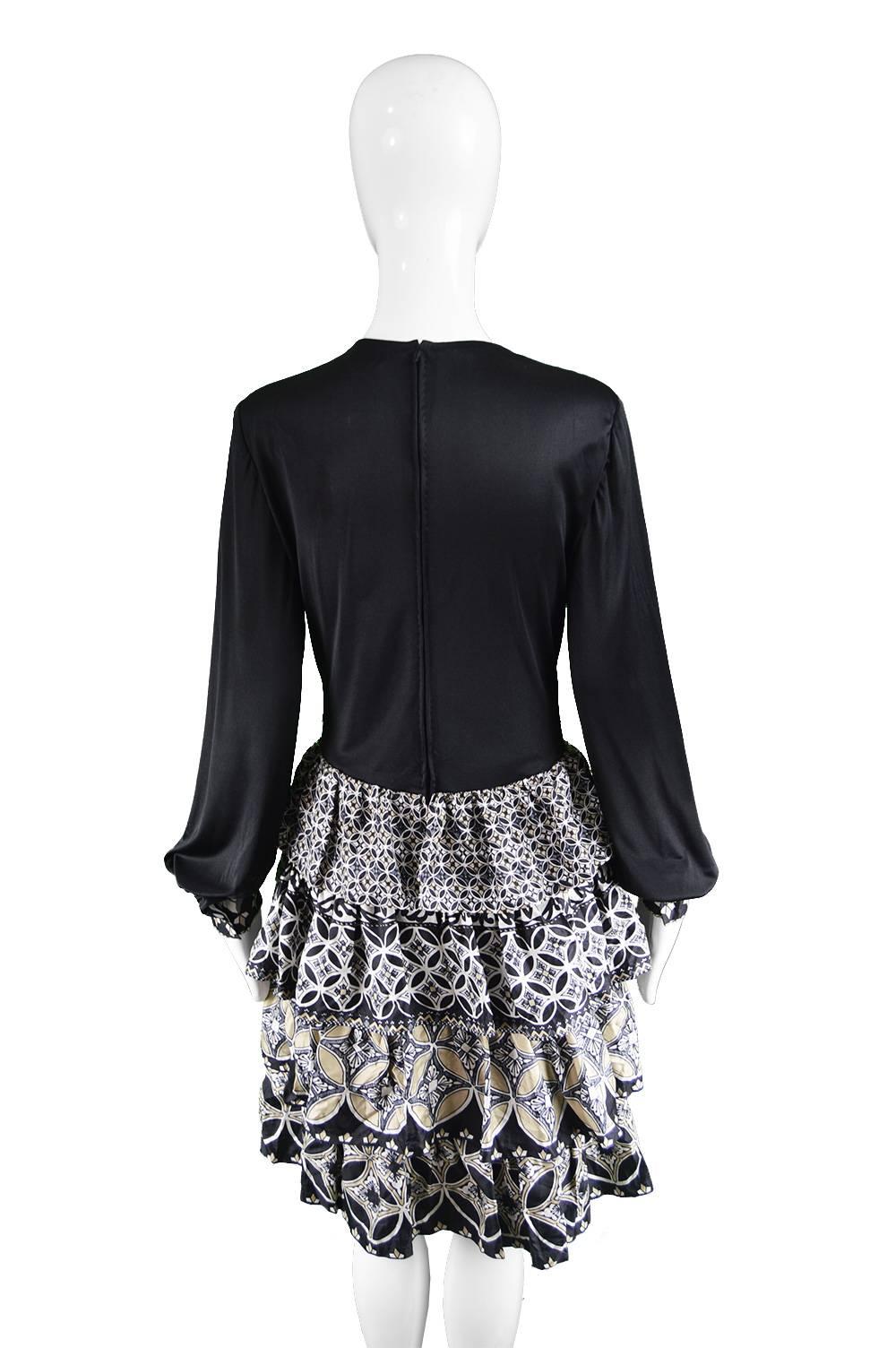 J Tiktiner for Harrods Vintage Silk Ruffle & Black Jersey Dress, 1970s 1