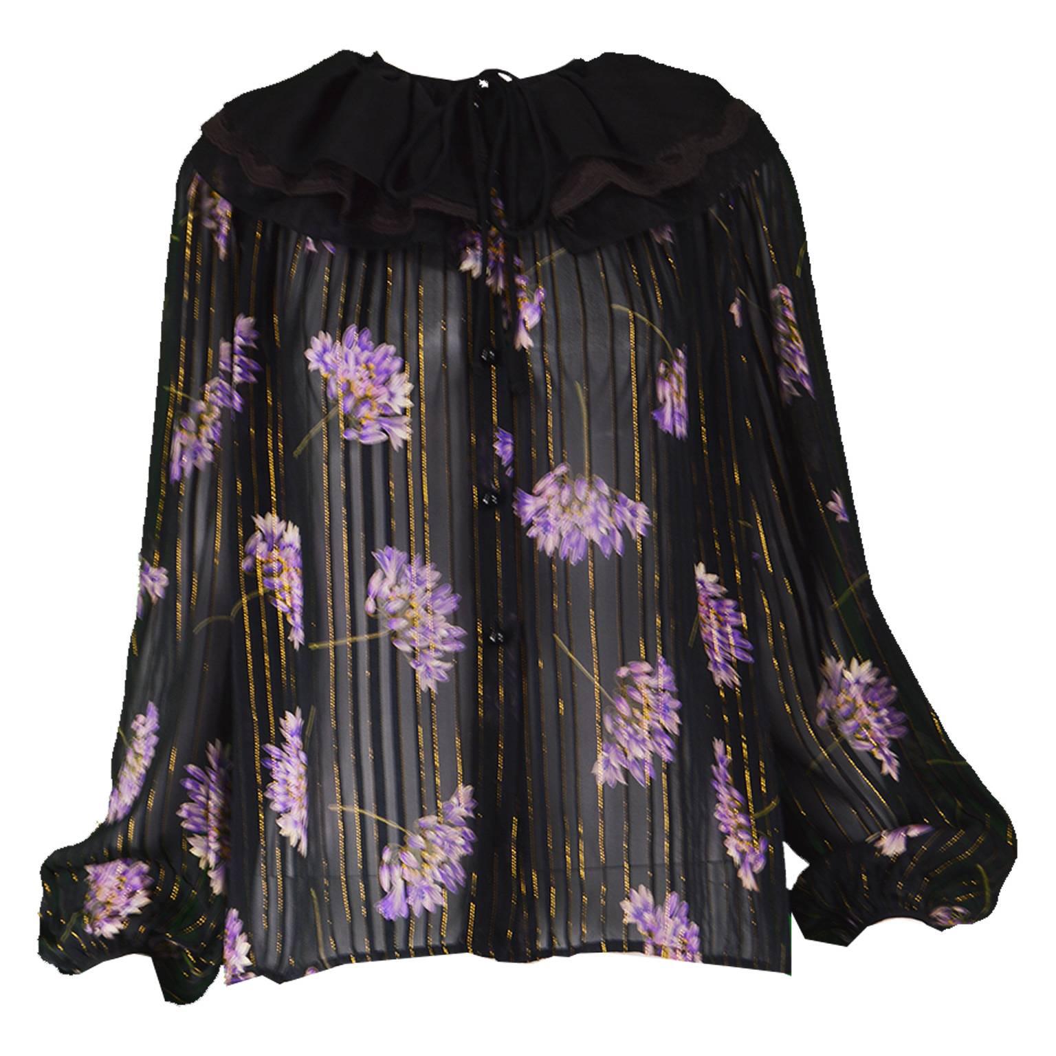 Valentino Silk and Lamé Chiffon Sheer Floral Ruffle Collar Vintage Blouse, 1980s For Sale