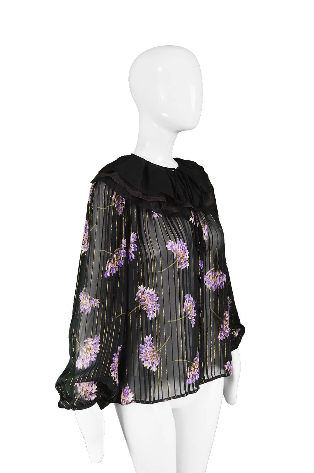 Women's Valentino Silk and Lamé Chiffon Sheer Floral Ruffle Collar Vintage Blouse, 1980s For Sale