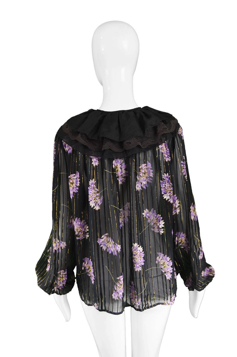 Valentino Silk and Lamé Chiffon Sheer Floral Ruffle Collar Vintage Blouse, 1980s For Sale 1