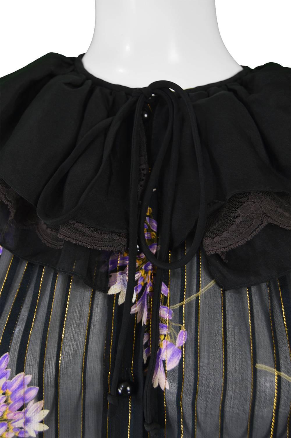 Black Valentino Silk and Lamé Chiffon Sheer Floral Ruffle Collar Vintage Blouse, 1980s For Sale