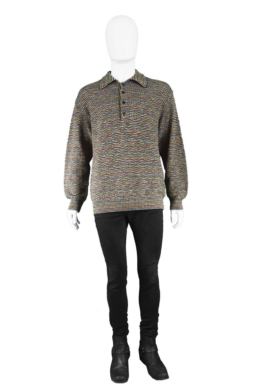 Missoni Mens Multicolored Textured Wool, Acrylic & Alpaca Knit Sweater, 1990s

Size: Marked EU 50 which is roughly a men's Med-Large.
Chest - 46” / 117cm (has a loose, slouchy fit)
Length (Shoulder to Hem) - 26” / 66cm
Shoulder to Shoulder - 21”