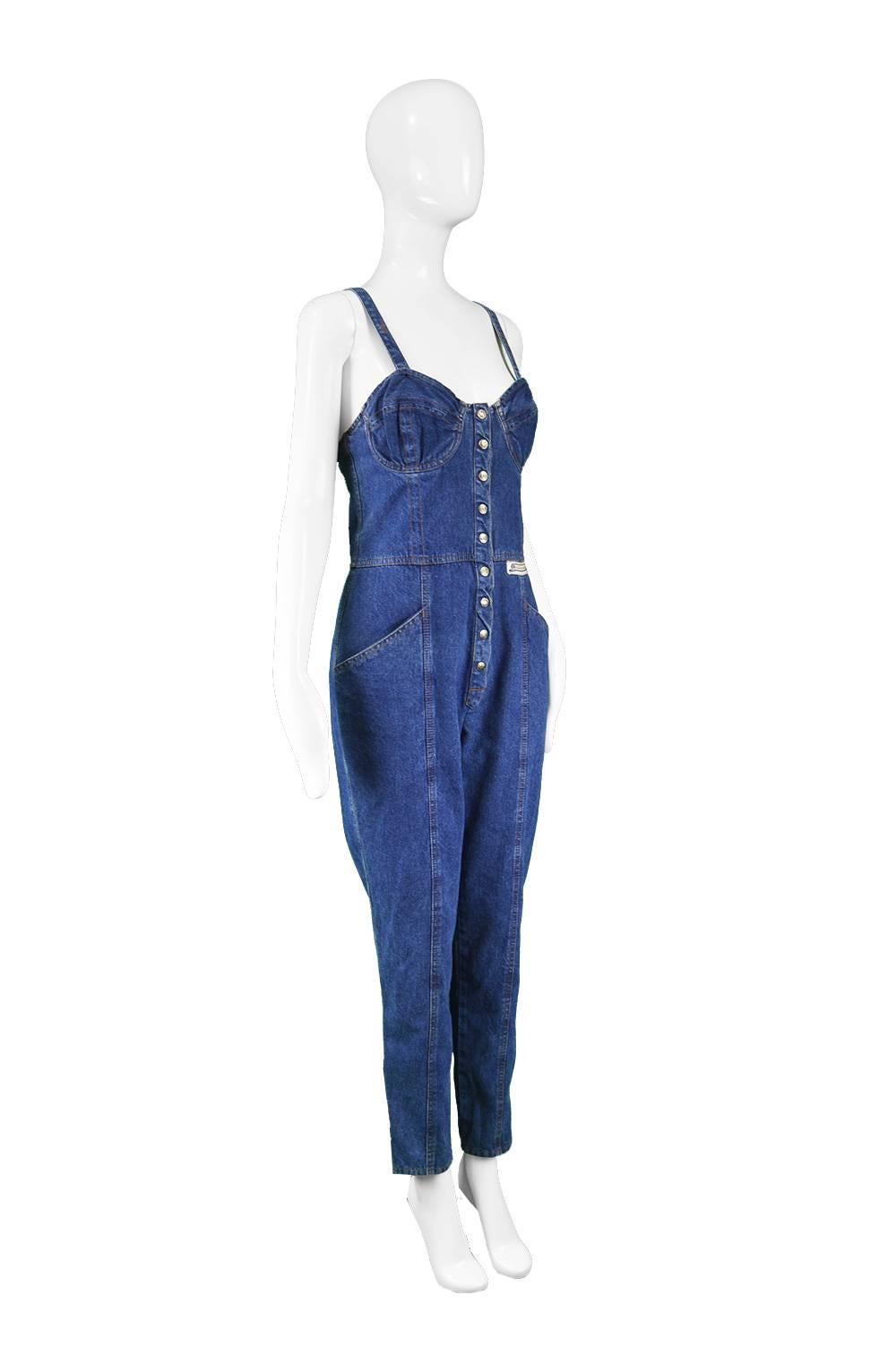 Krizia Jeans Vintage Blue Underwired Cross Back Denim Jumpsuit, 1990s 1