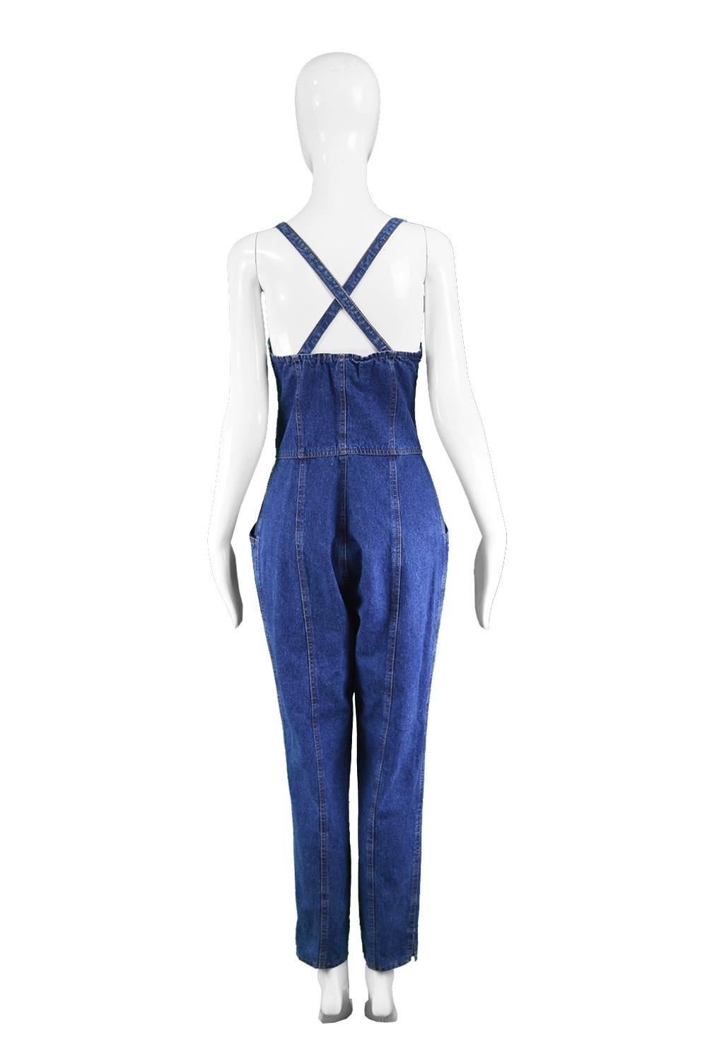 Krizia Jeans Vintage Blue Underwired Cross Back Denim Jumpsuit, 1990s 2