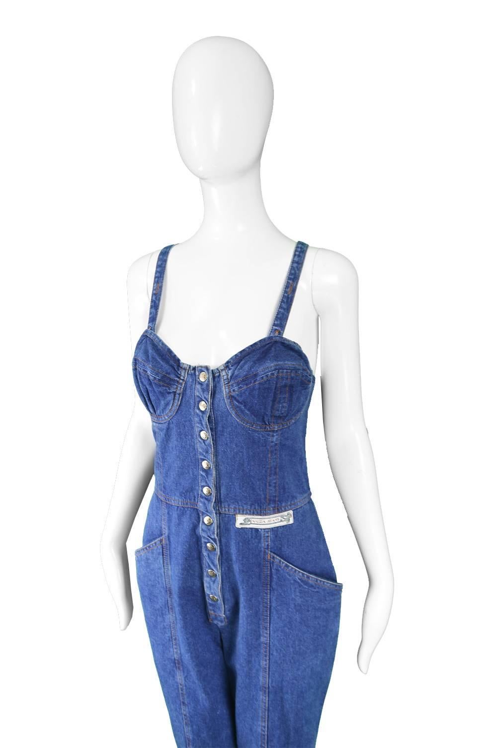 Krizia Jeans Vintage Blue Underwired Cross Back Denim Jumpsuit, 1990s In Excellent Condition In Doncaster, South Yorkshire