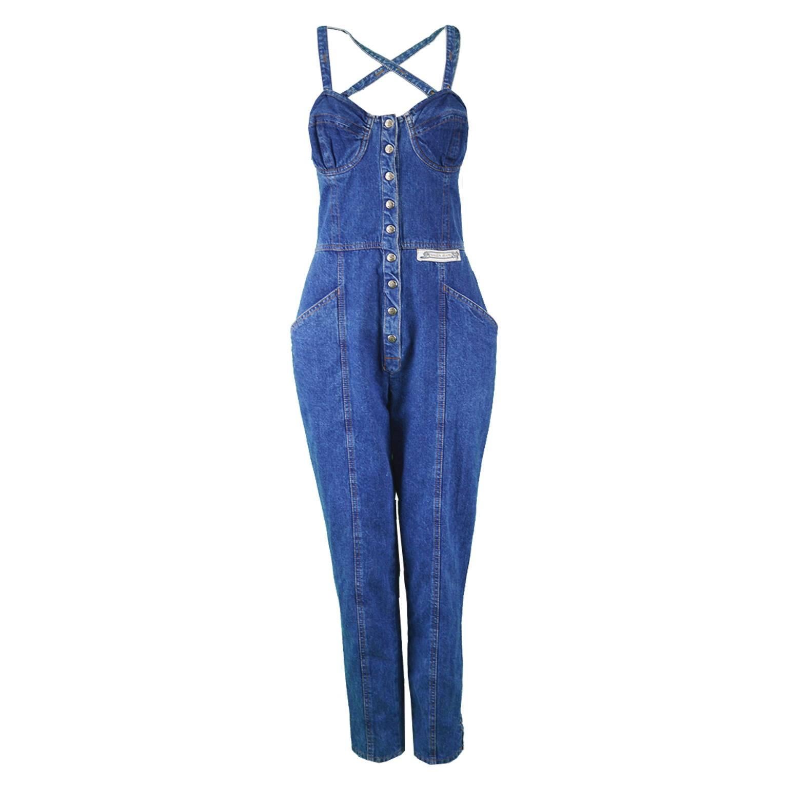 Krizia Jeans Vintage Blue Underwired Cross Back Denim Jumpsuit, 1990s