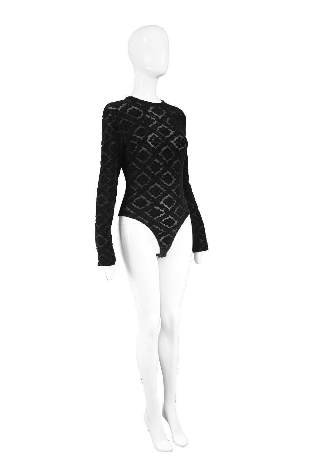 Rifat Ozbek Black Semi Sheer Devoré Velvet Long Sleeve Bodysuit, 1990s 2