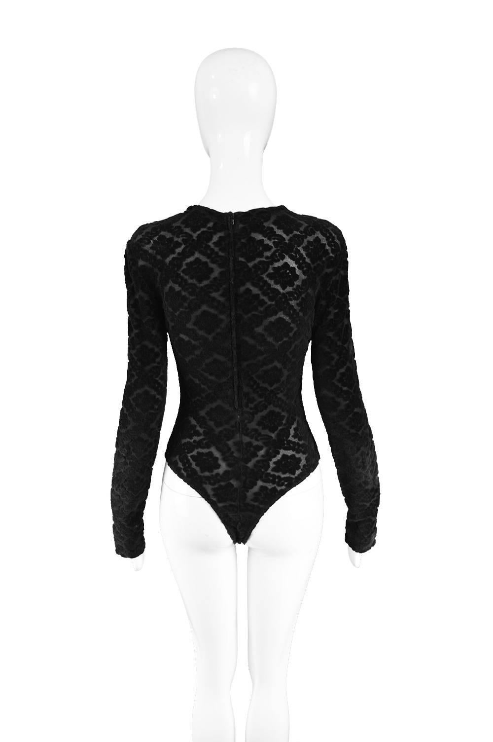 Rifat Ozbek Black Semi Sheer Devoré Velvet Long Sleeve Bodysuit, 1990s 3