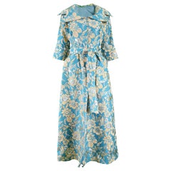 Vintage 1960s Turquoise & Gold Lurex Floral Brocade Maxi Evening Coat