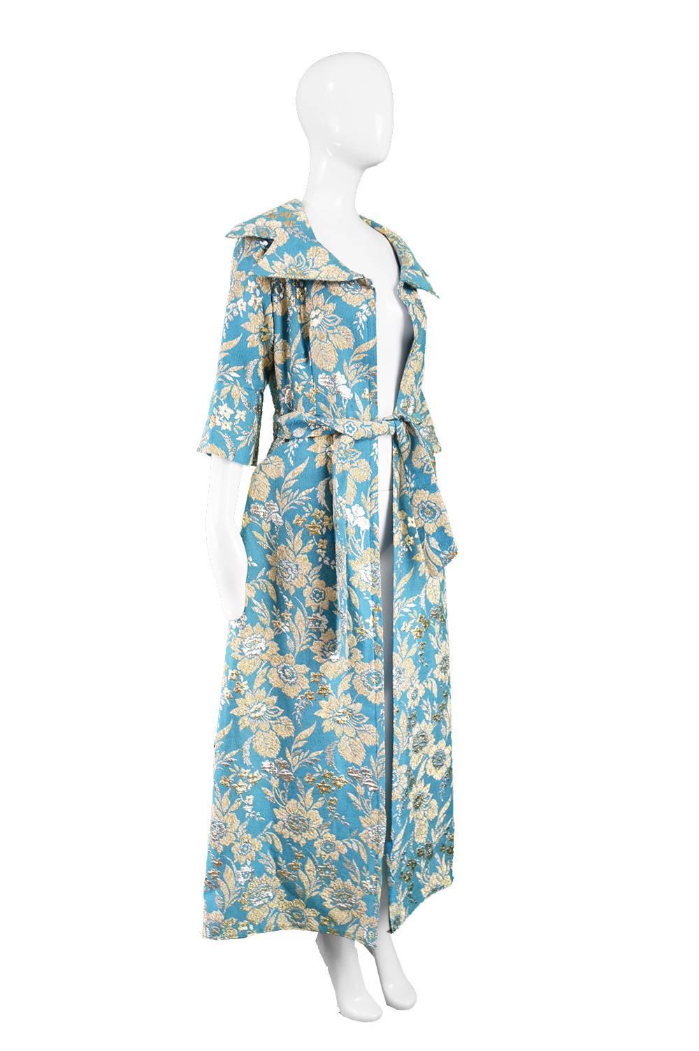 Vintage 1960s Turquoise & Gold Lurex Floral Brocade Maxi Evening Coat In Excellent Condition In Doncaster, South Yorkshire
