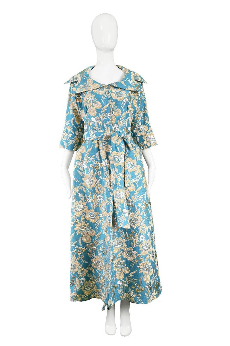 Vintage 1960s Turquoise and Gold Lurex Floral Brocade Maxi Evening Coat ...