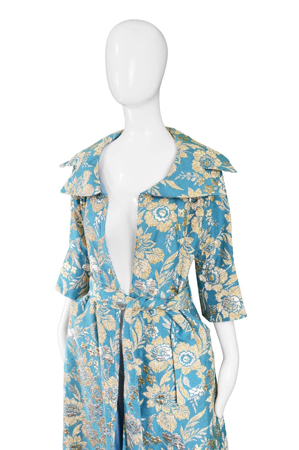 Blue Vintage 1960s Turquoise & Gold Lurex Floral Brocade Maxi Evening Coat