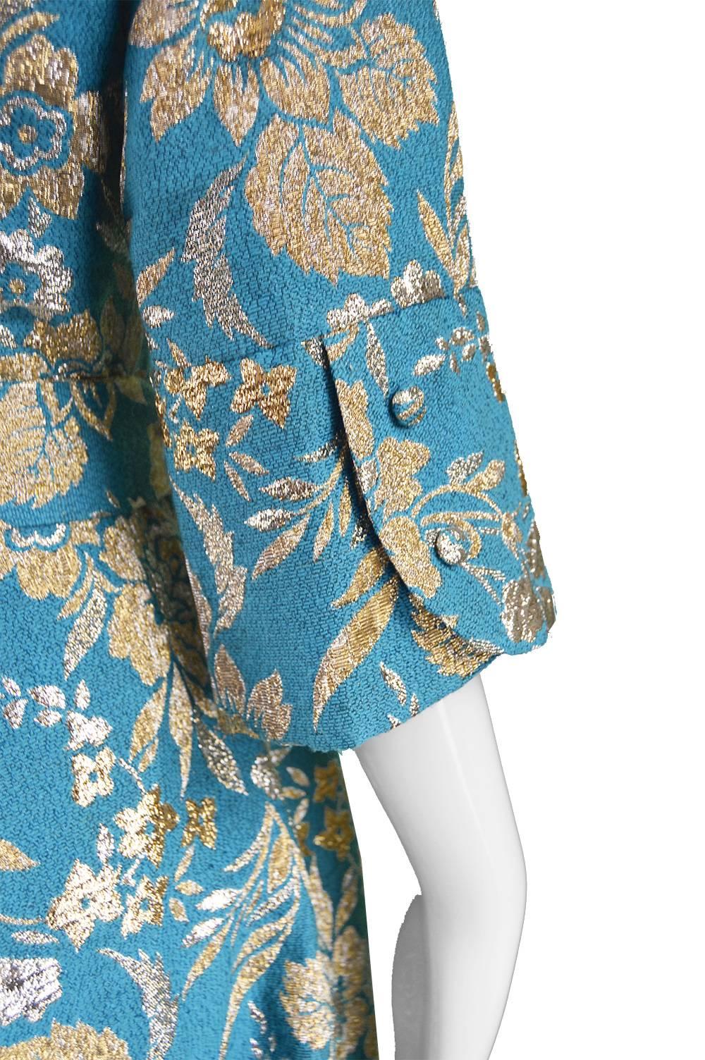 Vintage 1960s Turquoise & Gold Lurex Floral Brocade Maxi Evening Coat 1