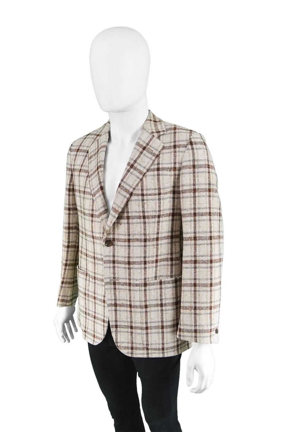 Aquascutum Men's Cream & Brown Plaid Checked Flecked Wool Blend Blazer, 1970s 1