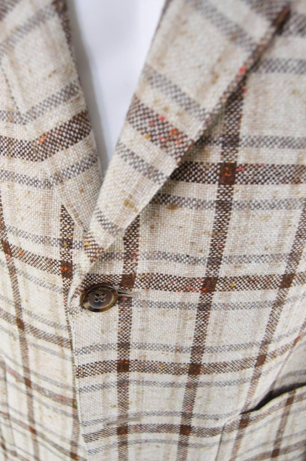 Aquascutum Men's Cream & Brown Plaid Checked Flecked Wool Blend Blazer, 1970s 2