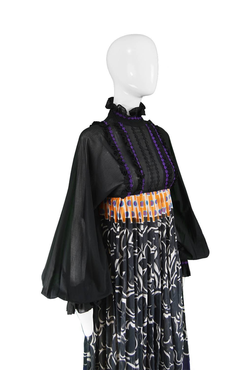 Black Jean Varon Documented Cotton Voile Op Art Printed Vintage Maxi Dress, 1970s