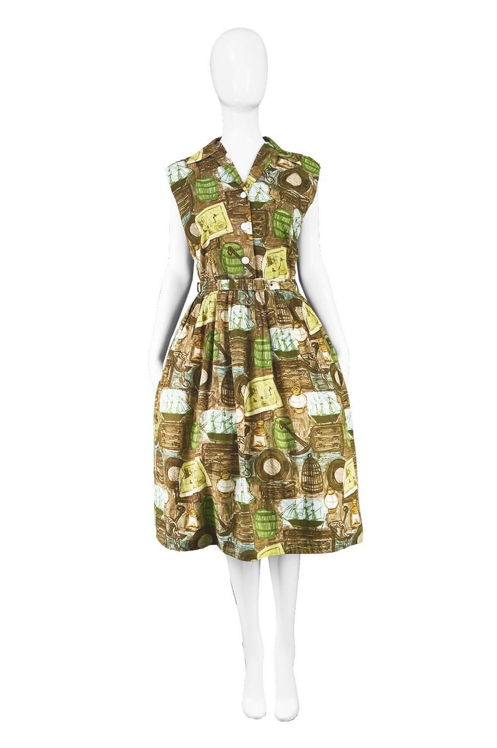 Vintage 1950s Novelty Print Nautical Theme Brown & Green Cotton Shirtdress

Estimated Size: UK 12/ US 8/ EU 40. Please check measurements. 
Bust - 40” / 101cm
Waist - 30” / 76cm
Hips - Label says to fit 40” / 101cm but really free size
Length