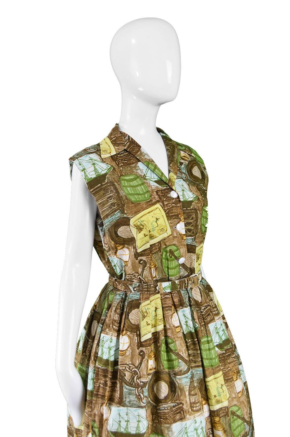 Women's Vintage 1950s Novelty Print Nautical Theme Brown & Green Cotton Dress For Sale