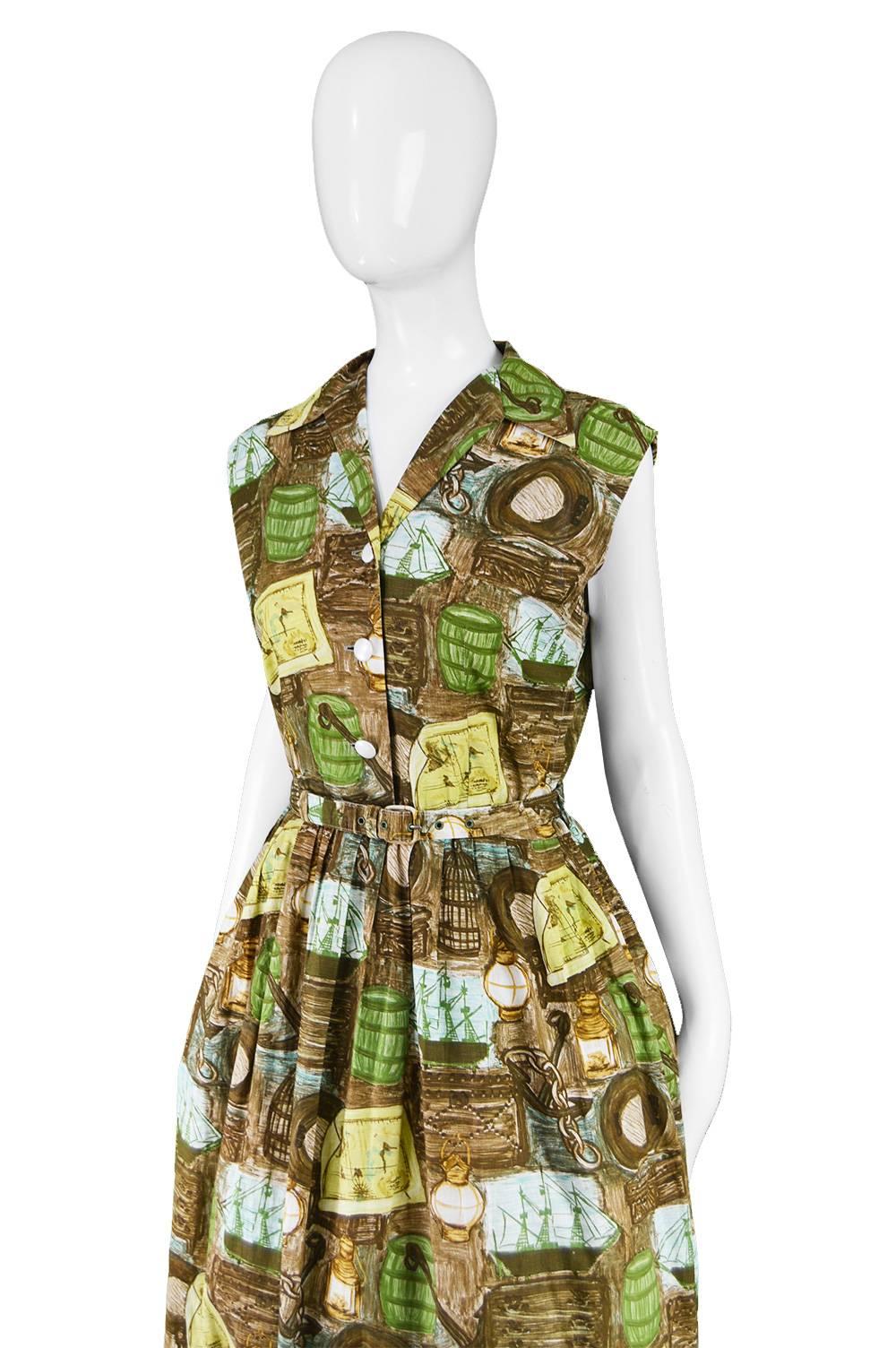 Vintage 1950s Novelty Print Nautical Theme Brown & Green Cotton Dress For Sale 2