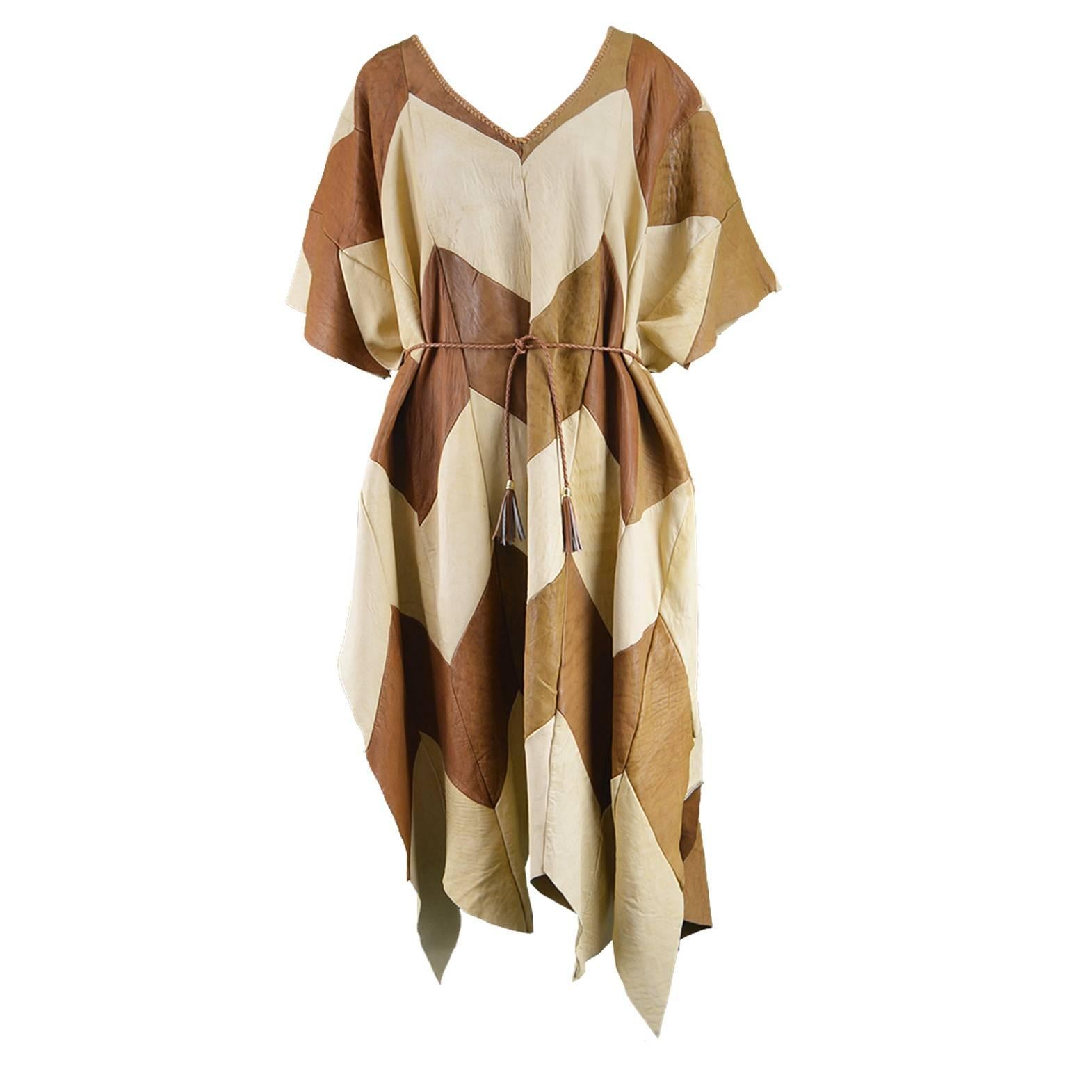 Cream and Brown Leather Patchwork Vintage Maxi Mexican Poncho Cape, 1970s