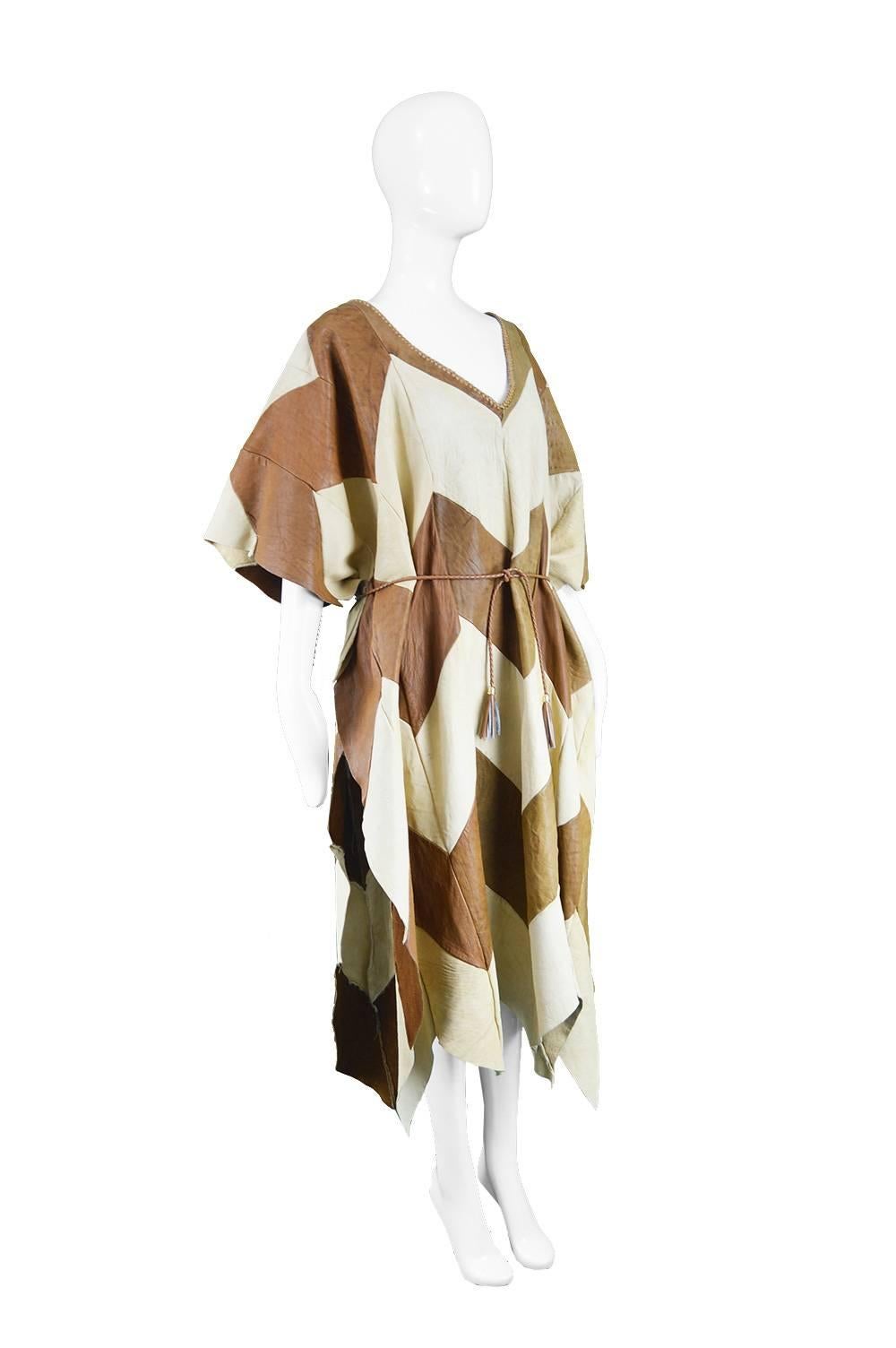 Women's Cream and Brown Leather Patchwork Vintage Maxi Mexican Poncho Cape, 1970s