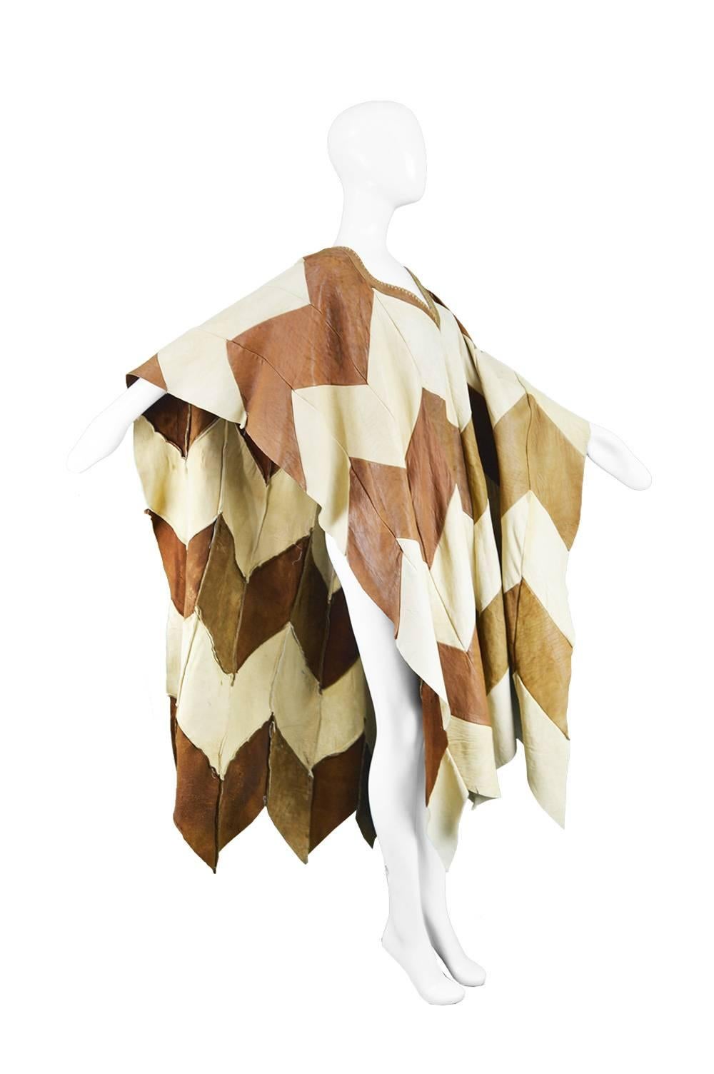 Cream and Brown Leather Patchwork Vintage Maxi Mexican Poncho Cape, 1970s In Good Condition In Doncaster, South Yorkshire