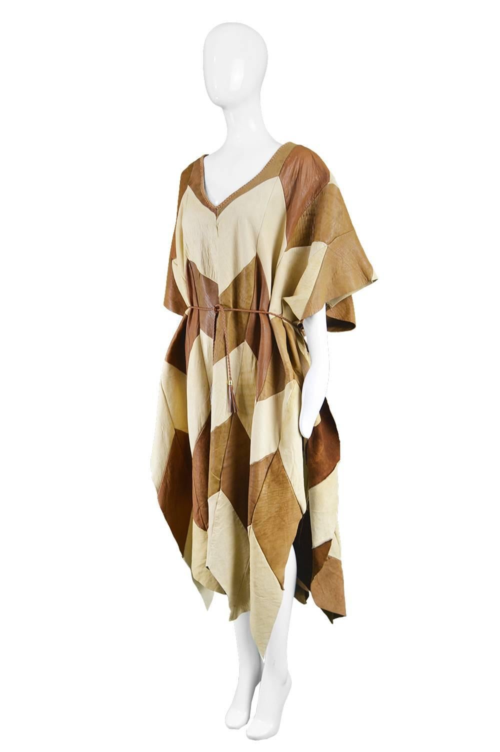 Cream and Brown Leather Patchwork Vintage Maxi Mexican Poncho Cape, 1970s 2