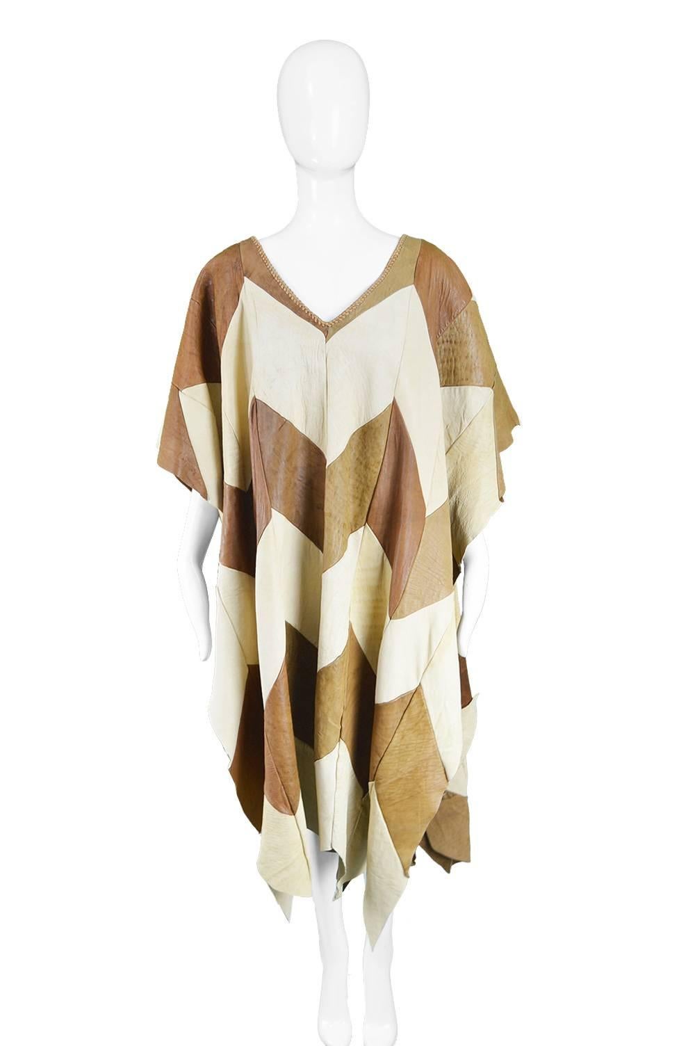 Cream and Brown Leather Patchwork Vintage Maxi Mexican Poncho Cape, 1970s 3