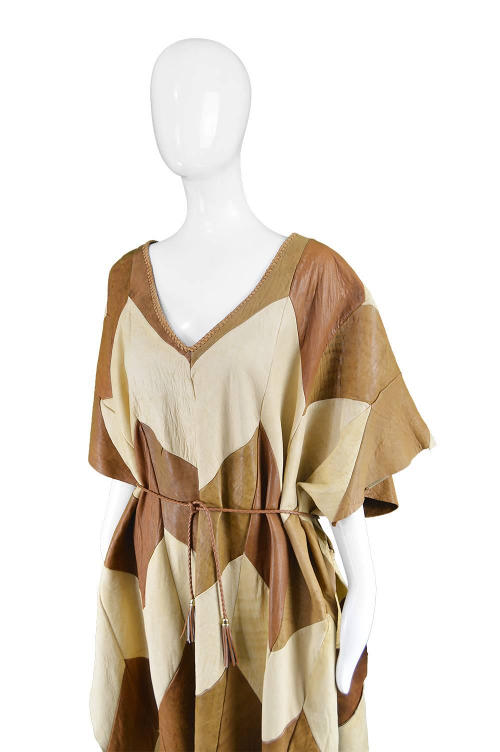 Cream and Brown Leather Patchwork Vintage Maxi Mexican Poncho Cape, 1970s 1
