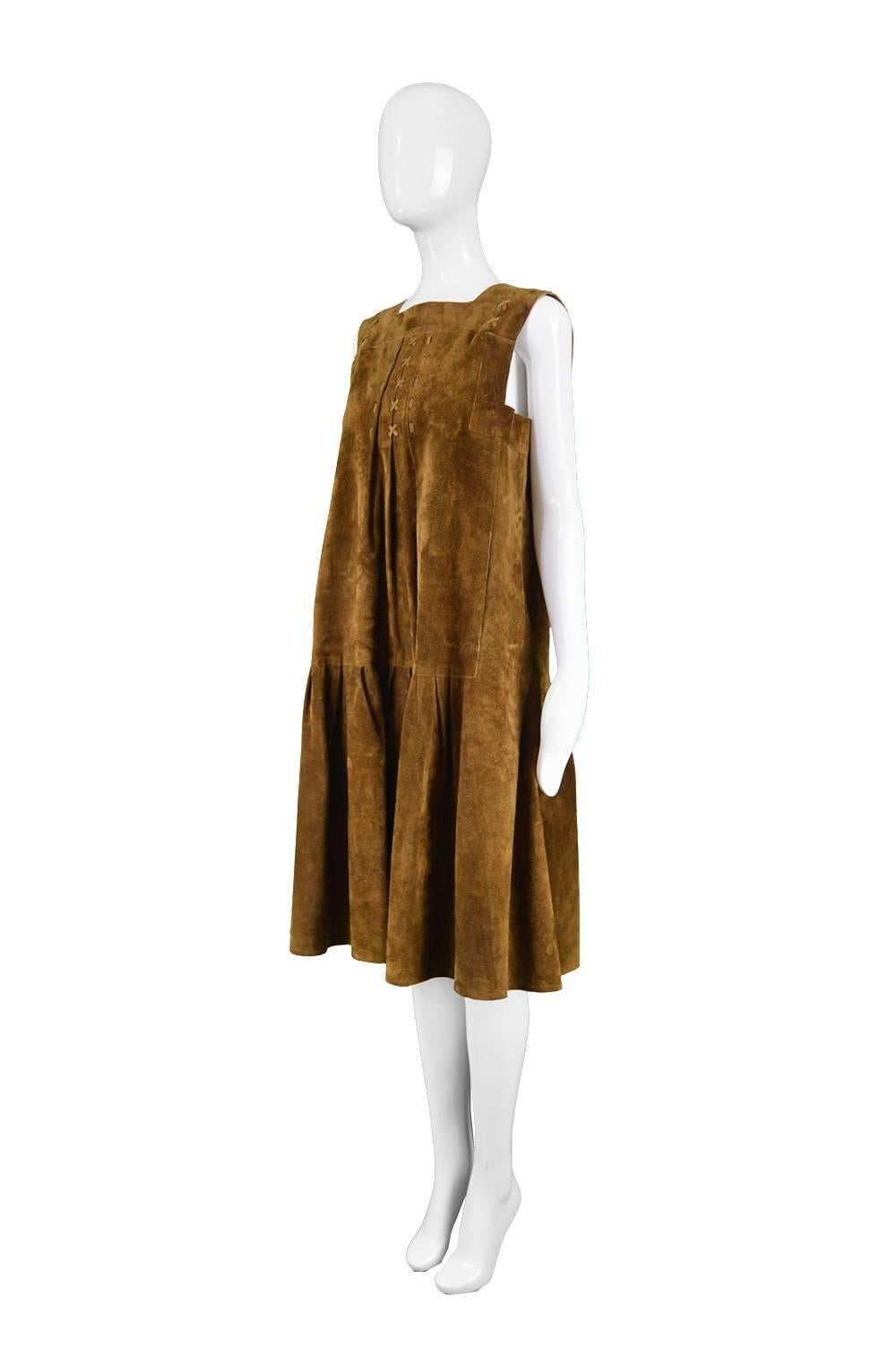 Women's Jean Muir Brown Suede Vintage Sleeveless Pinafore Dress / Jacket, 1970s